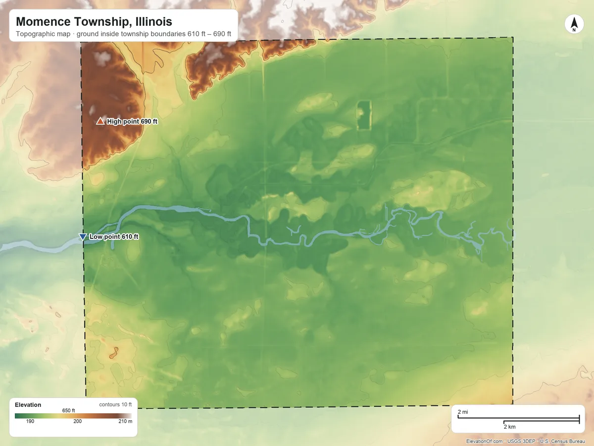 Topographic elevation map of Momence Township, Illinois, shaded from 610 ft on the west side to 690 ft on the northwest side