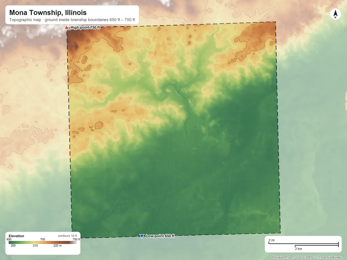 Topographic elevation map of Mona Township, Illinois, shaded from 650 ft on the south side to 750 ft on the northwest side