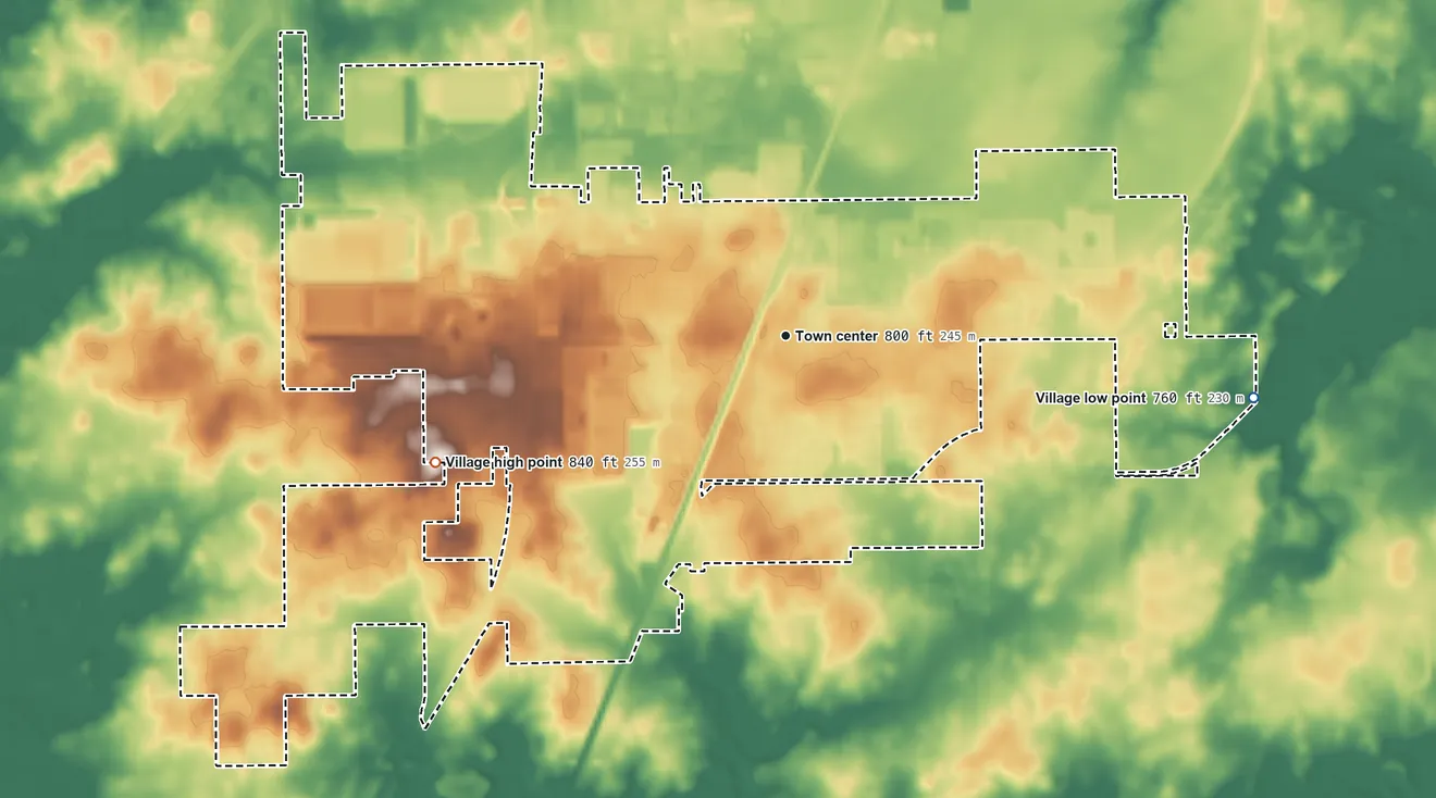 Topographic elevation map of Monee, Illinois, shaded from 760 ft on the east side to 840 ft on the west side