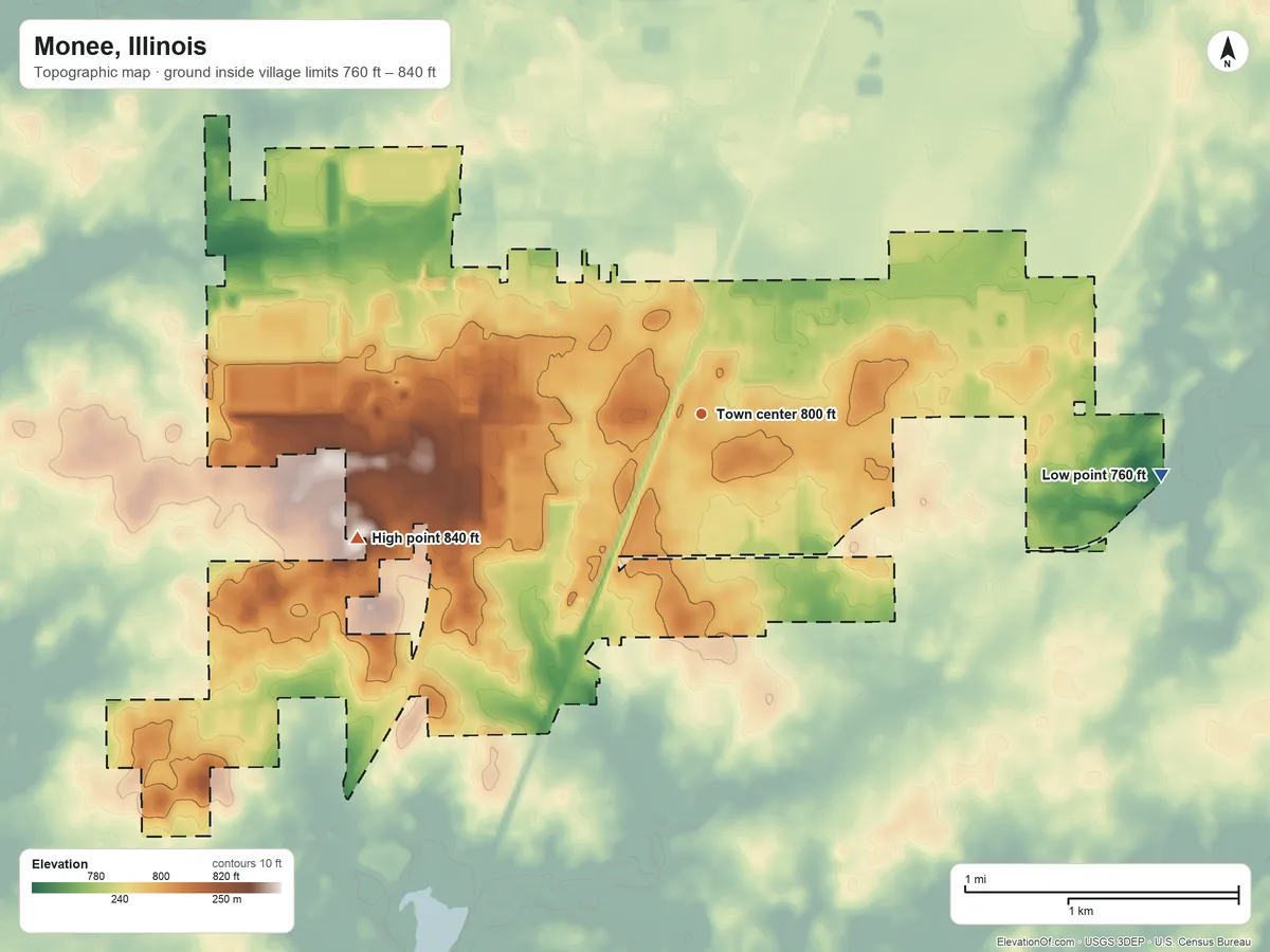 Topographic elevation map of Monee, Illinois, shaded from 760 ft on the east side to 840 ft on the west side