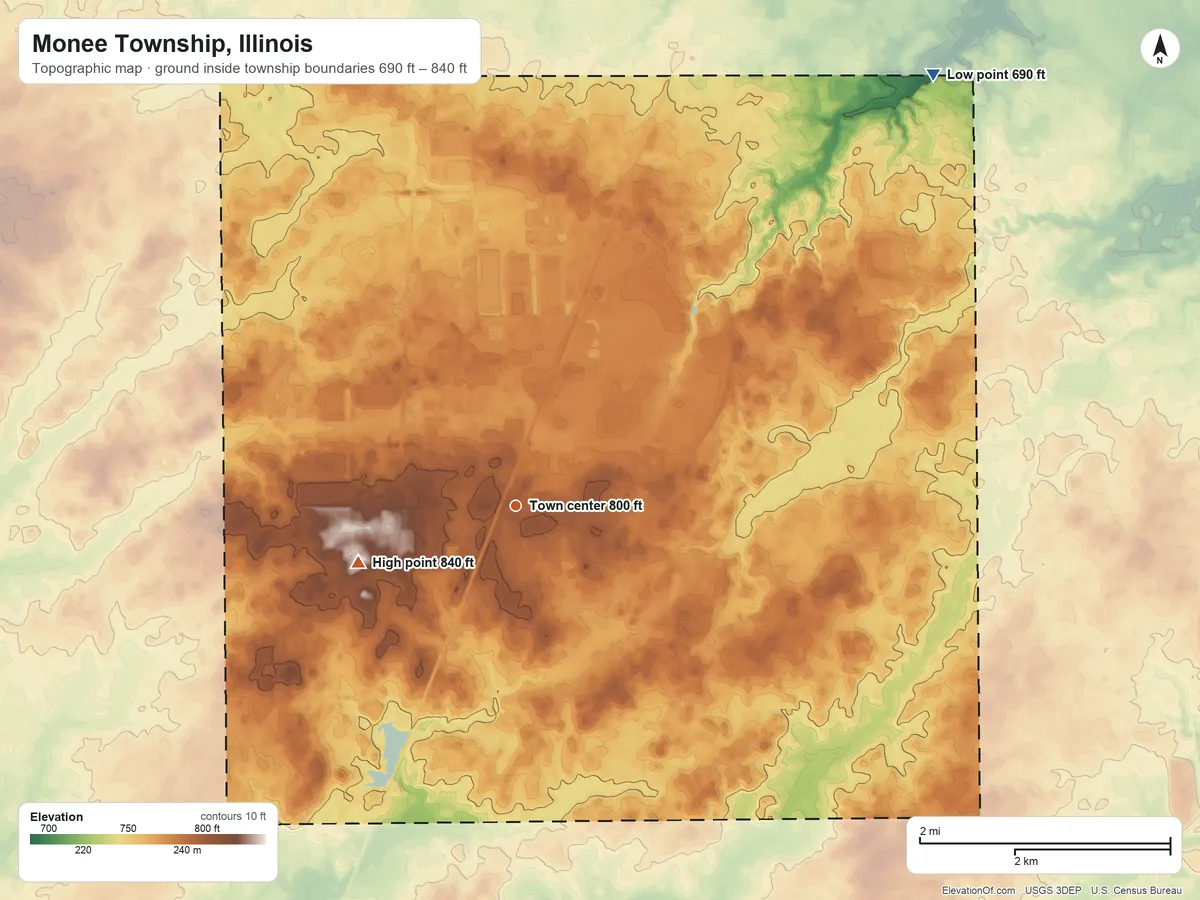 Topographic elevation map of Monee Township, Illinois, shaded from 690 ft on the northeast side to 840 ft on the west side