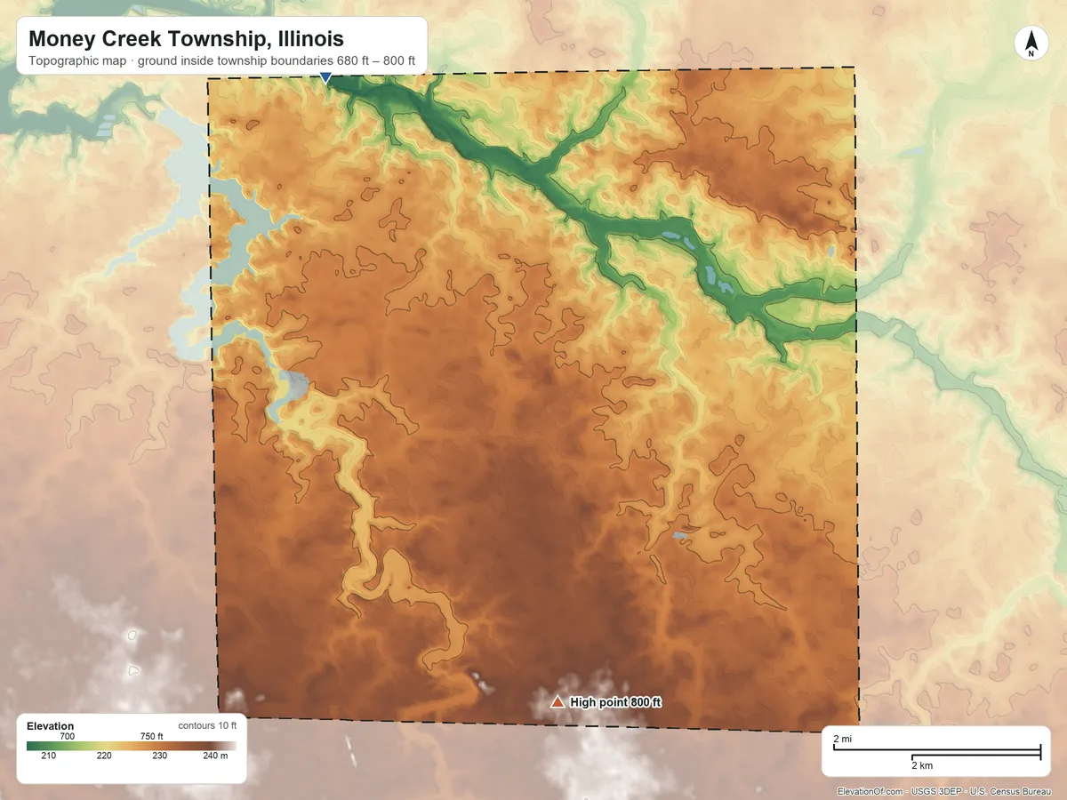 Topographic elevation map of Money Creek Township, Illinois, shaded from 680 ft on the northwest side to 800 ft on the south side