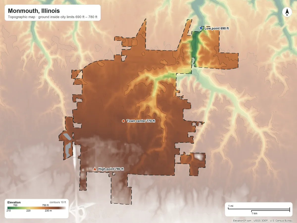 Topographic elevation map of Monmouth, Illinois, shaded from 690 ft on the northeast side to 780 ft on the southwest side