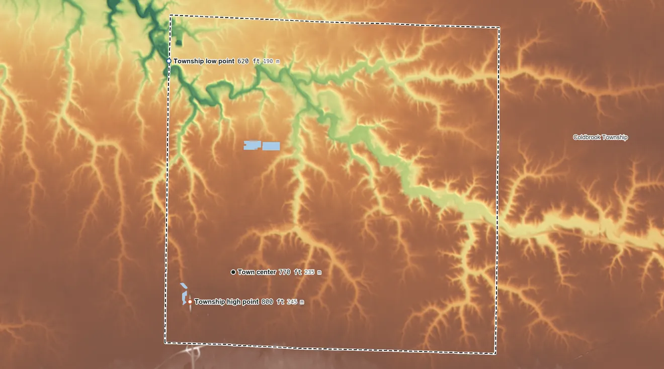 Topographic elevation map of Monmouth Township, Illinois, shaded from 620 ft on the north side to 800 ft on the southwest side