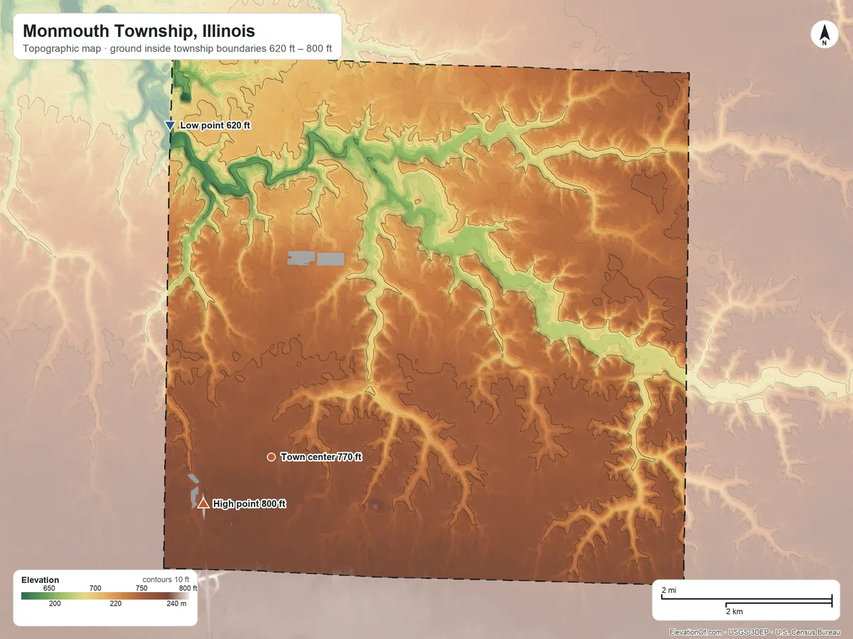 Topographic elevation map of Monmouth Township, Illinois, shaded from 620 ft on the north side to 800 ft on the southwest side