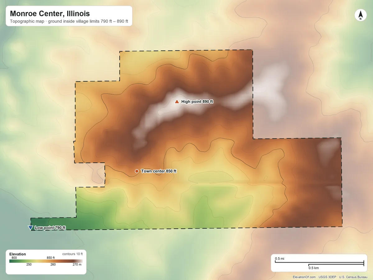 Topographic elevation map of Monroe Center, Illinois, shaded from 790 ft on the southwest side to 890 ft on the northeast side