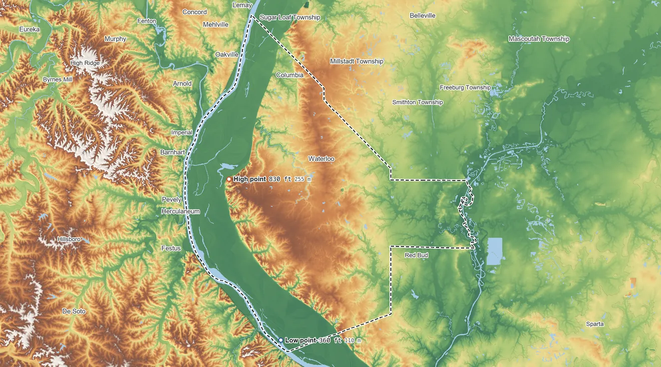 Topographic elevation map of Monroe County, Illinois, shaded from 360 ft on the south side to 830 ft on the west side