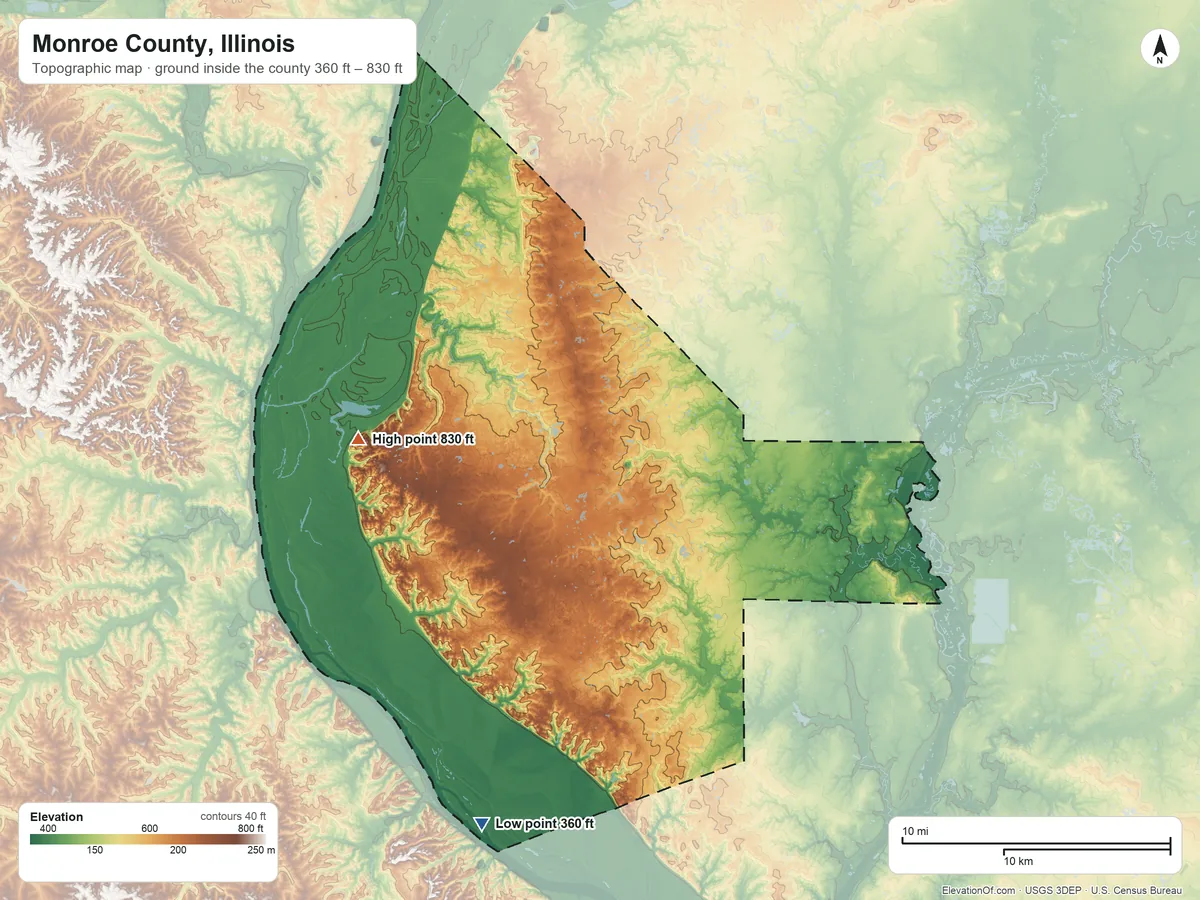 Topographic elevation map of Monroe County, Illinois, shaded from 360 ft on the south side to 830 ft on the west side