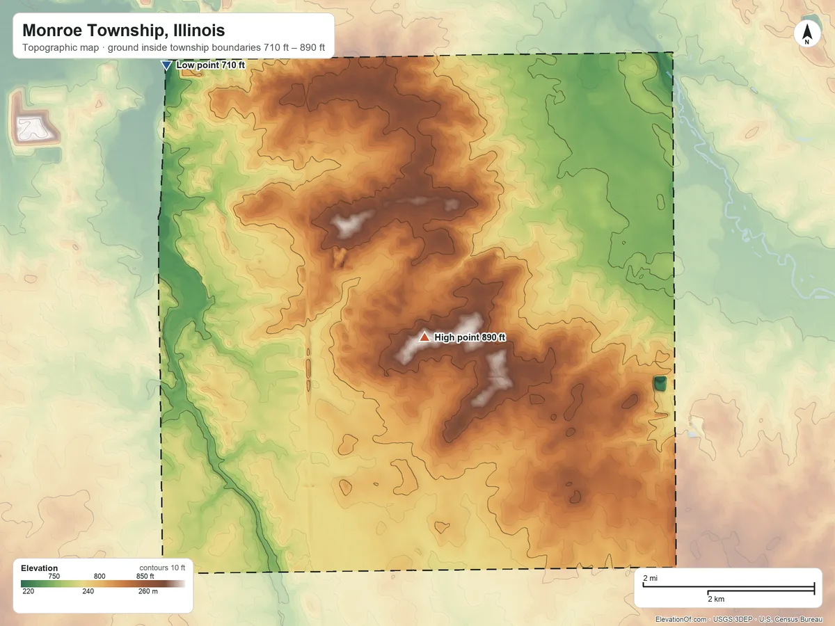 Topographic elevation map of Monroe Township, Illinois, shaded from 710 ft on the northwest side to 890 ft on the east side