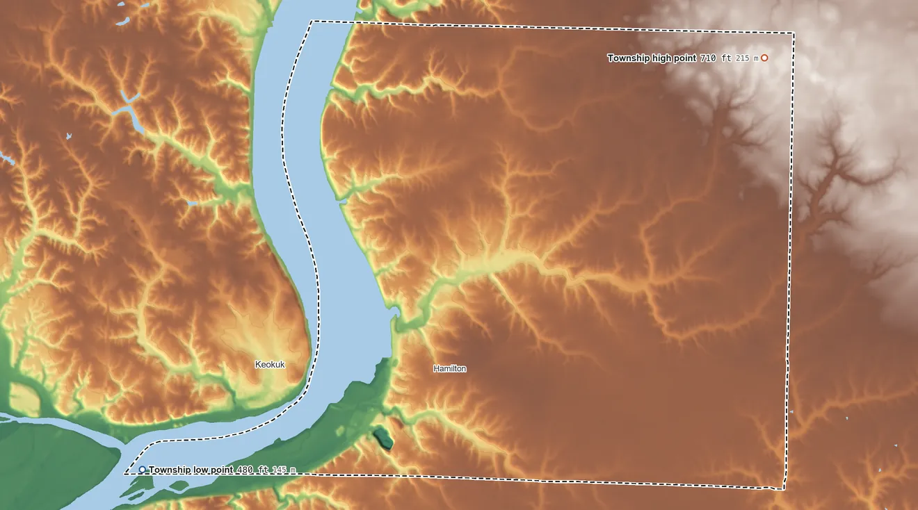 Topographic elevation map of Montebello Township, Illinois, shaded from 480 ft on the west side to 710 ft on the northeast side
