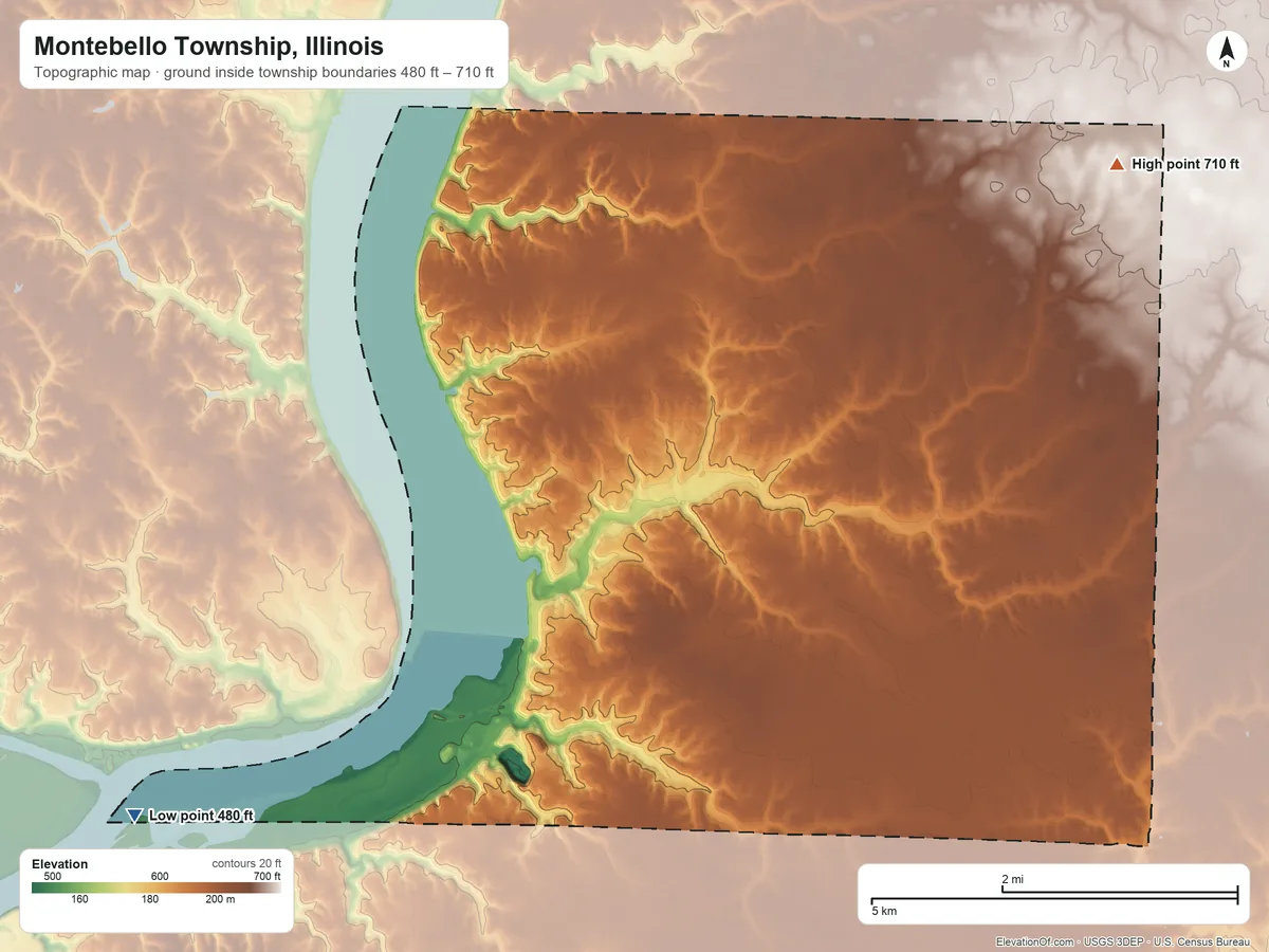 Topographic elevation map of Montebello Township, Illinois, shaded from 480 ft on the west side to 710 ft on the northeast side