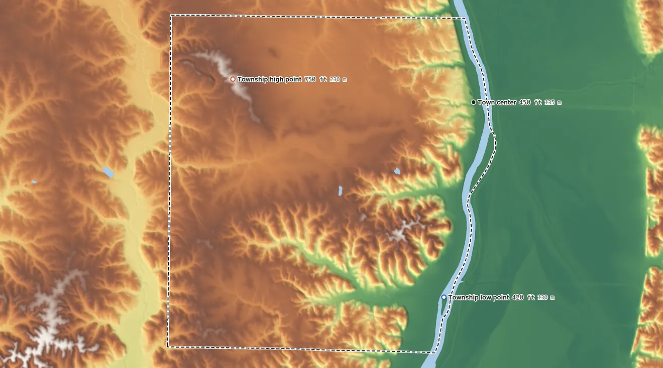 Topographic elevation map of Montezuma Township, Illinois, shaded from 420 ft on the south side to 750 ft on the west side