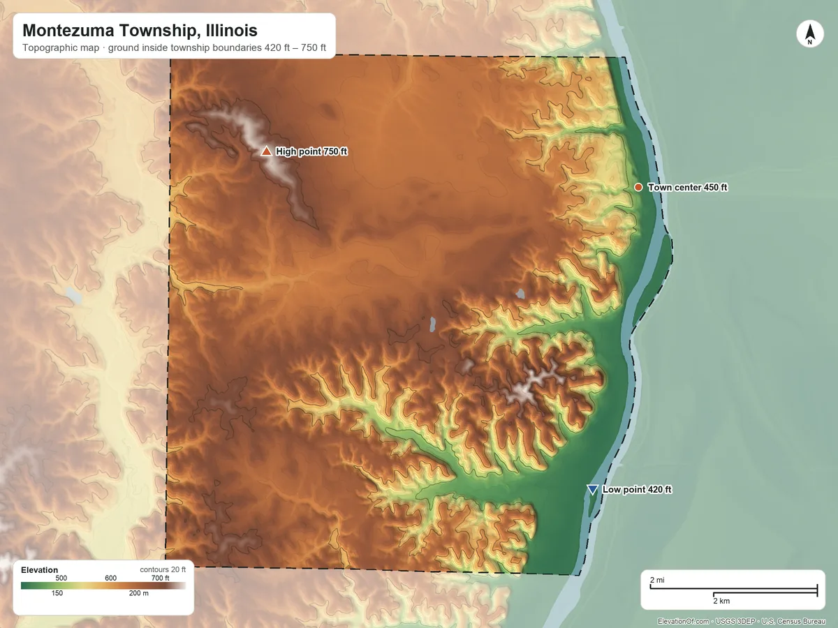 Topographic elevation map of Montezuma Township, Illinois, shaded from 420 ft on the south side to 750 ft on the west side