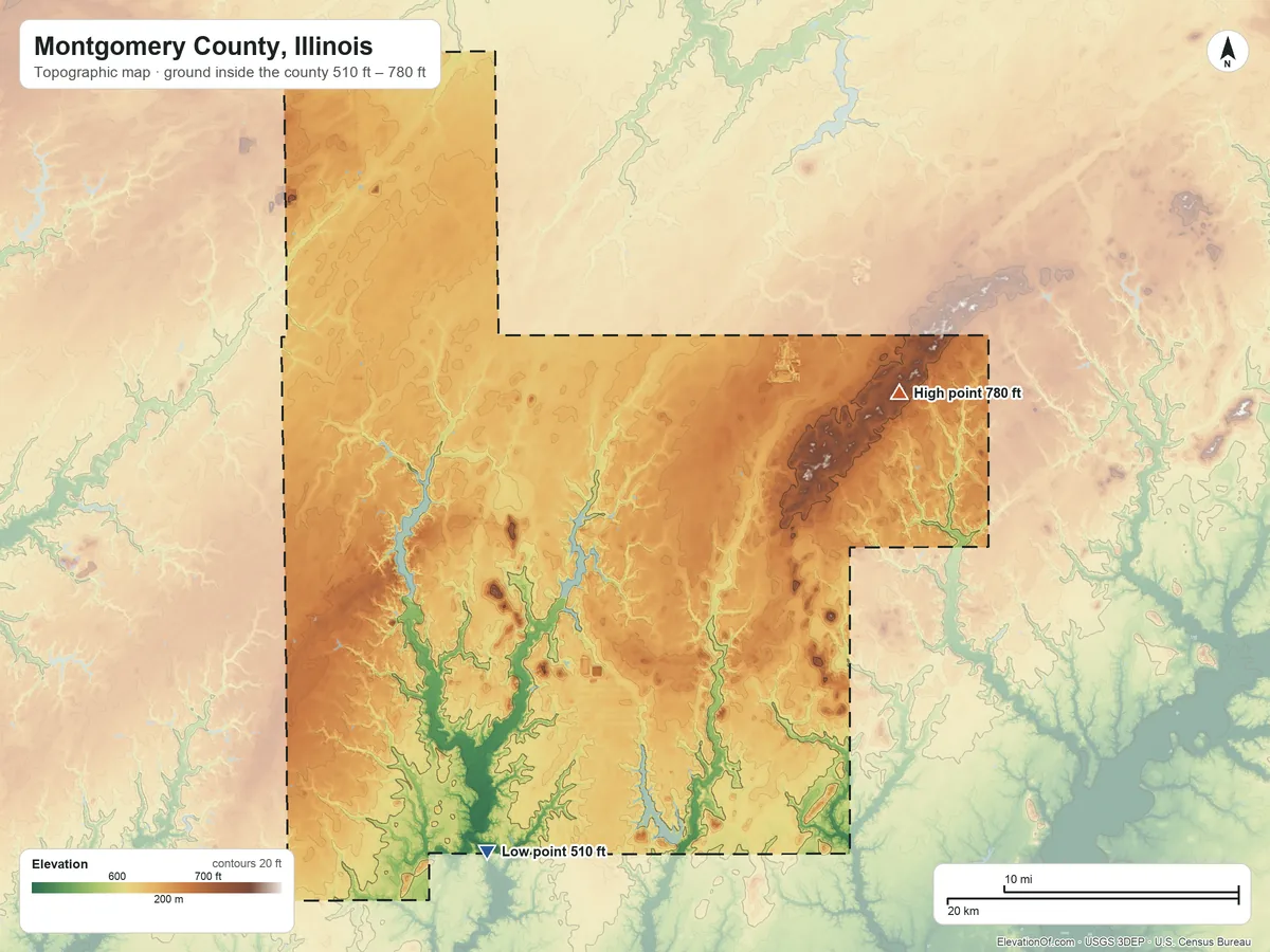 Topographic elevation map of Montgomery County, Illinois, shaded from 510 ft on the south side to 780 ft on the east side