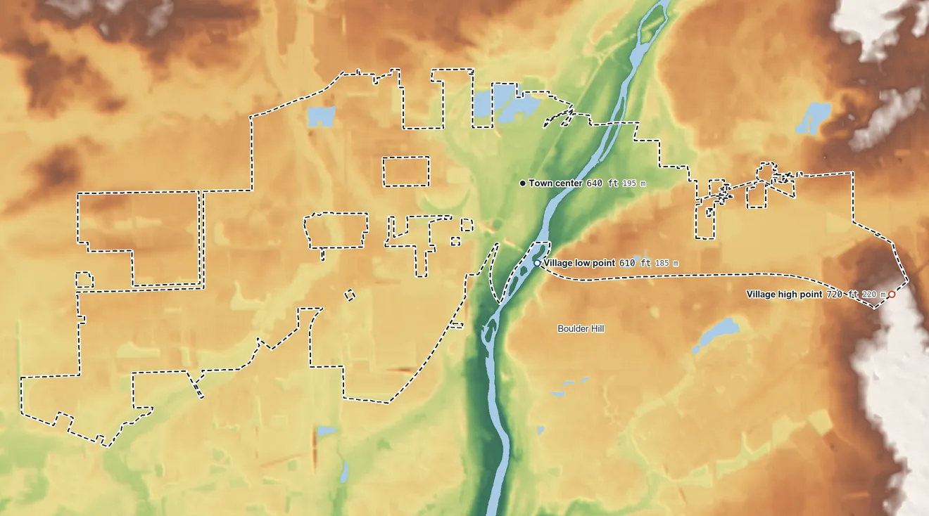 Topographic elevation map of Montgomery, Illinois, shaded from 610 ft near the middle to 720 ft on the east side