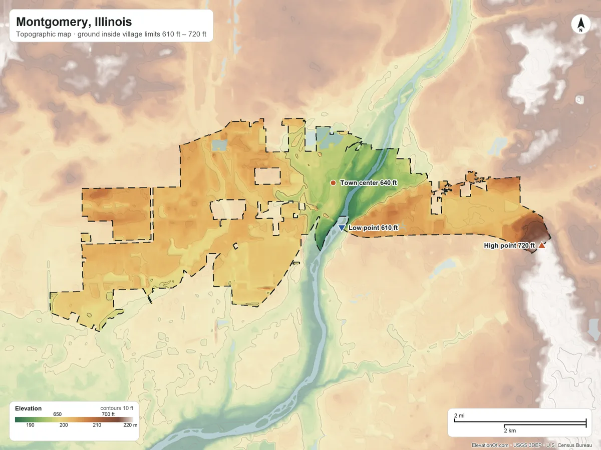 Topographic elevation map of Montgomery, Illinois, shaded from 610 ft near the middle to 720 ft on the east side