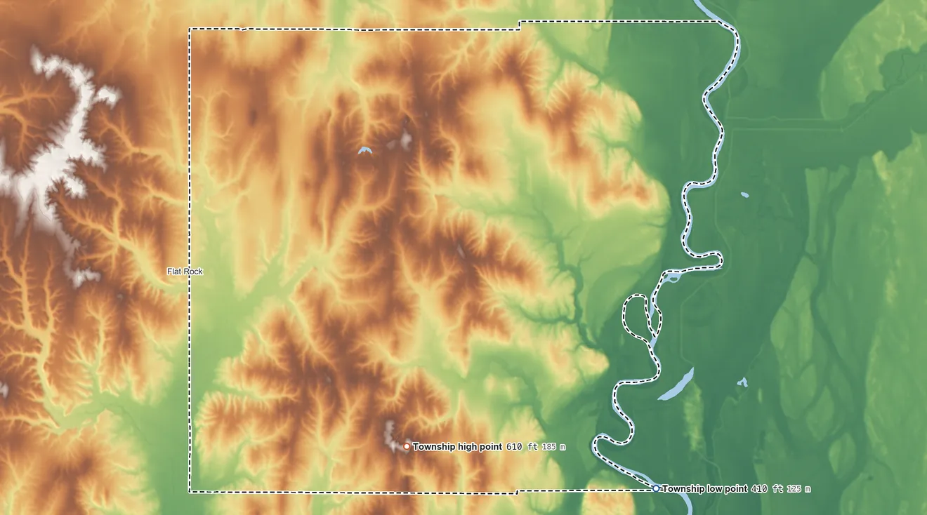 Topographic elevation map of Montgomery Township, Crawford County, Illinois, shaded from 410 ft on the southeast side to 610 ft on the south side