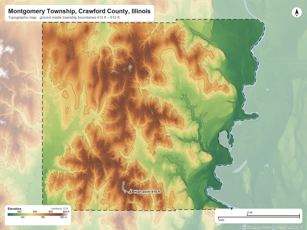 Topographic elevation map of Montgomery Township, Crawford County, Illinois, shaded from 410 ft on the southeast side to 610 ft on the south side