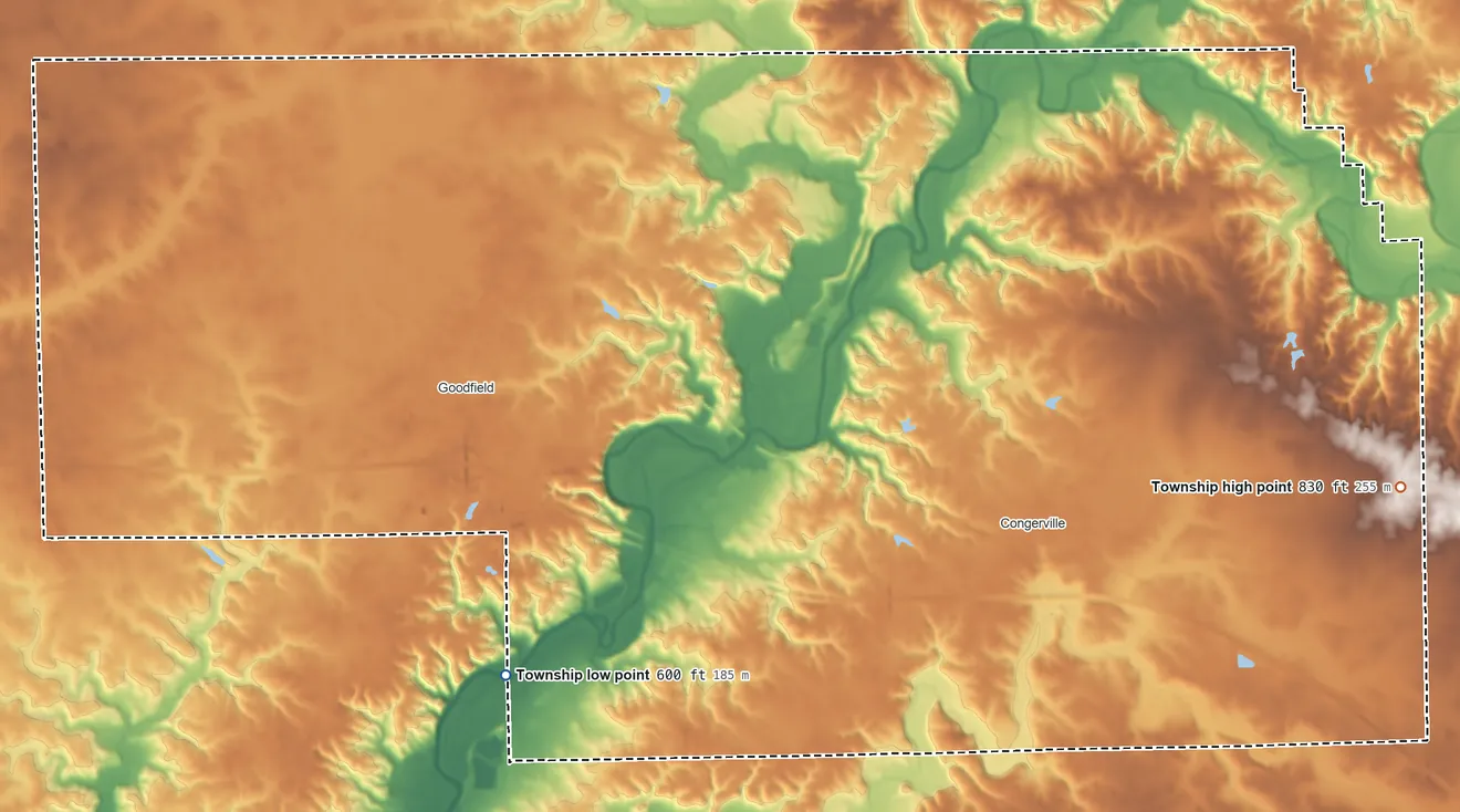 Topographic elevation map of Montgomery Township, Illinois, shaded from 600 ft on the southwest side to 830 ft on the east side