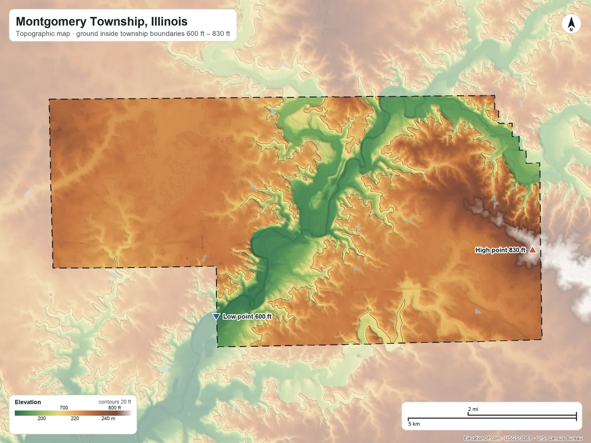 Topographic elevation map of Montgomery Township, Illinois, shaded from 600 ft on the southwest side to 830 ft on the east side