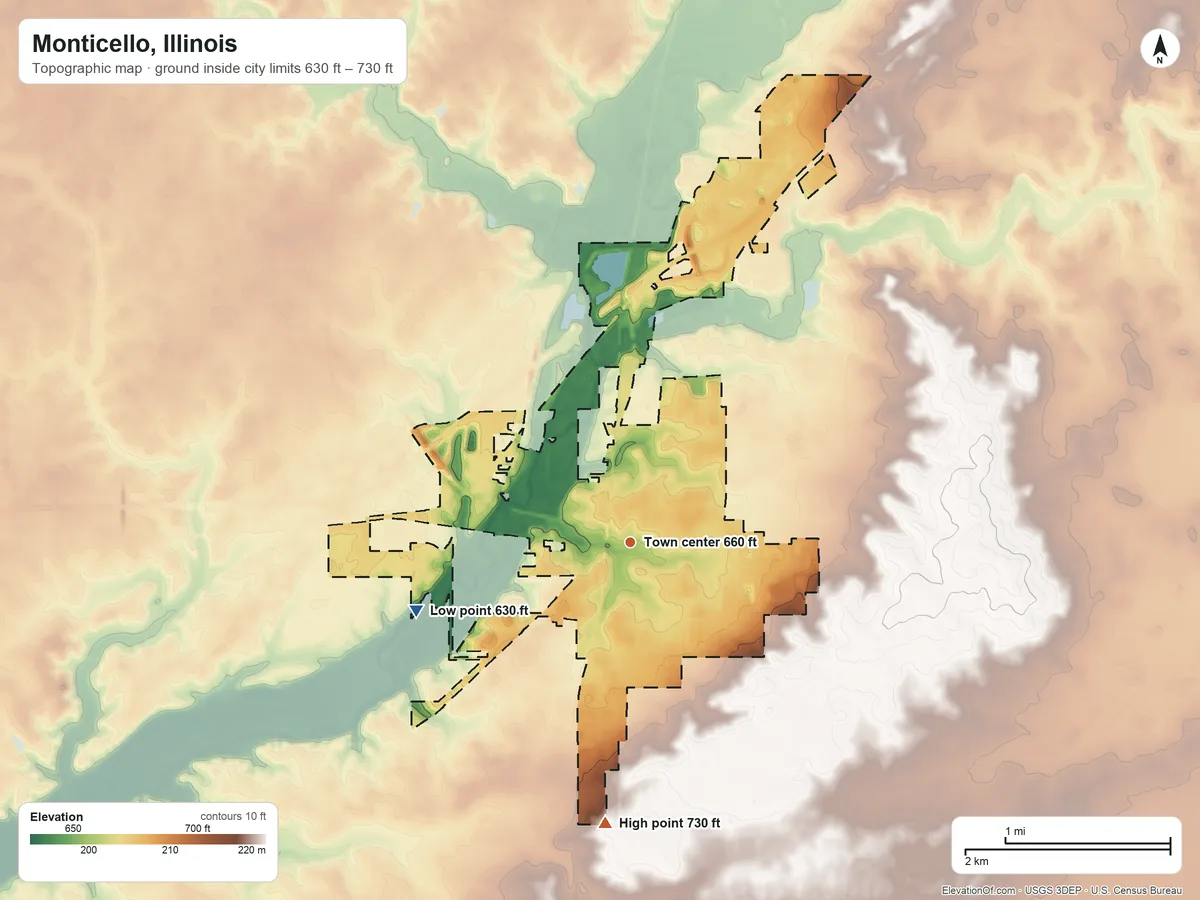Topographic elevation map of Monticello, Illinois, shaded from 630 ft on the west side to 730 ft on the south side
