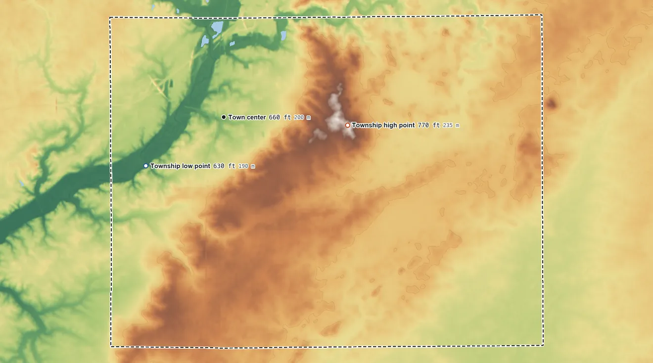 Topographic elevation map of Monticello Township, Illinois, shaded from 630 ft on the southwest side to 770 ft on the east side