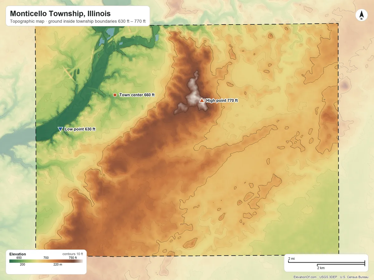 Topographic elevation map of Monticello Township, Illinois, shaded from 630 ft on the southwest side to 770 ft on the east side
