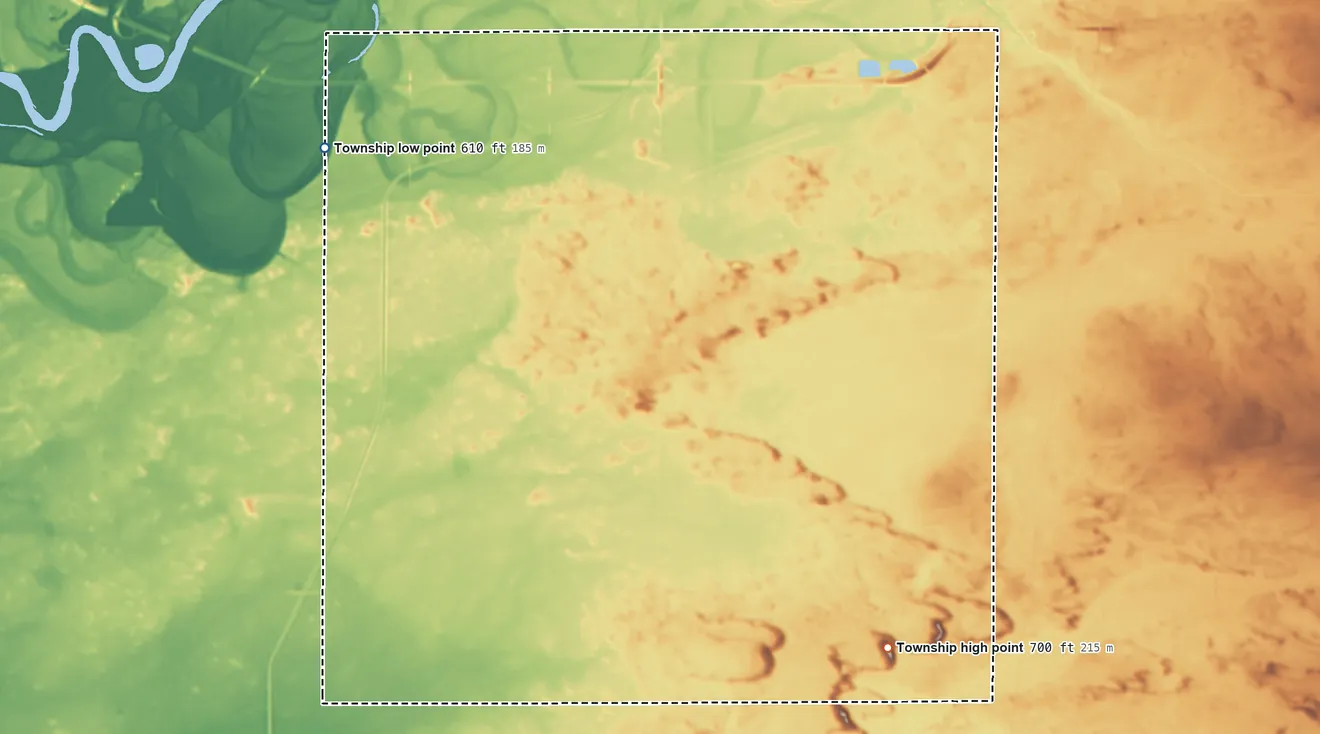 Topographic elevation map of Montmorency Township, Illinois, shaded from 610 ft on the northwest side to 700 ft on the southeast side