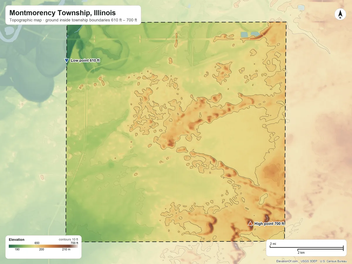Topographic elevation map of Montmorency Township, Illinois, shaded from 610 ft on the northwest side to 700 ft on the southeast side