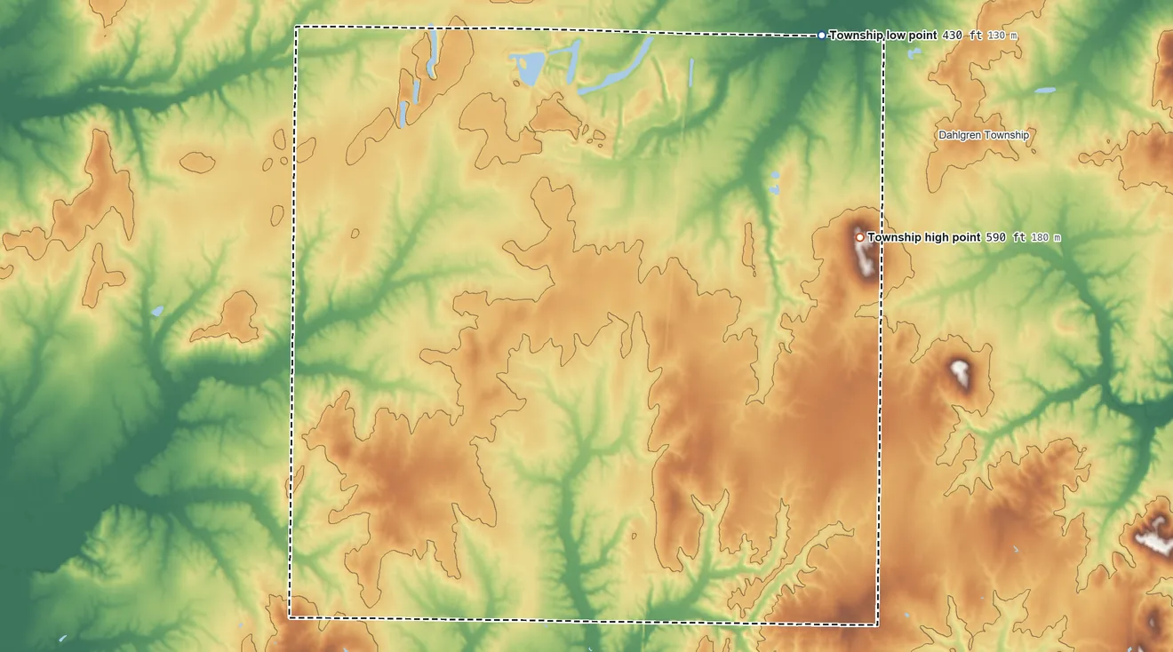 Topographic elevation map of Moores Prairie Township, Illinois, shaded from 430 ft on the northeast side to 590 ft on Lowry Hill