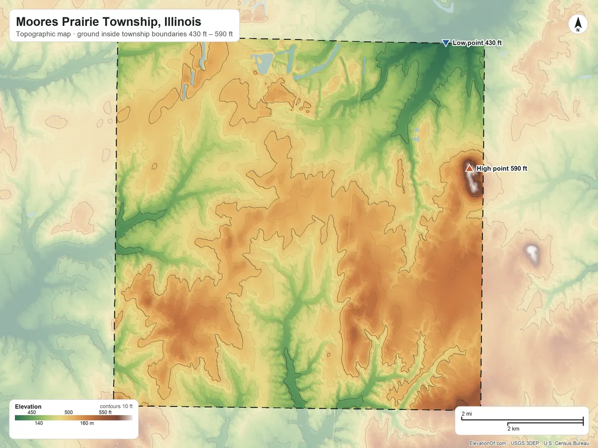 Topographic elevation map of Moores Prairie Township, Illinois, shaded from 430 ft on the northeast side to 590 ft on Lowry Hill