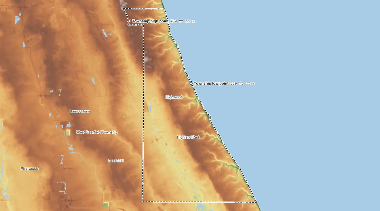 Topographic elevation map of Moraine Township, Illinois, shaded from 580 ft on the north side to 730 ft on the northwest side