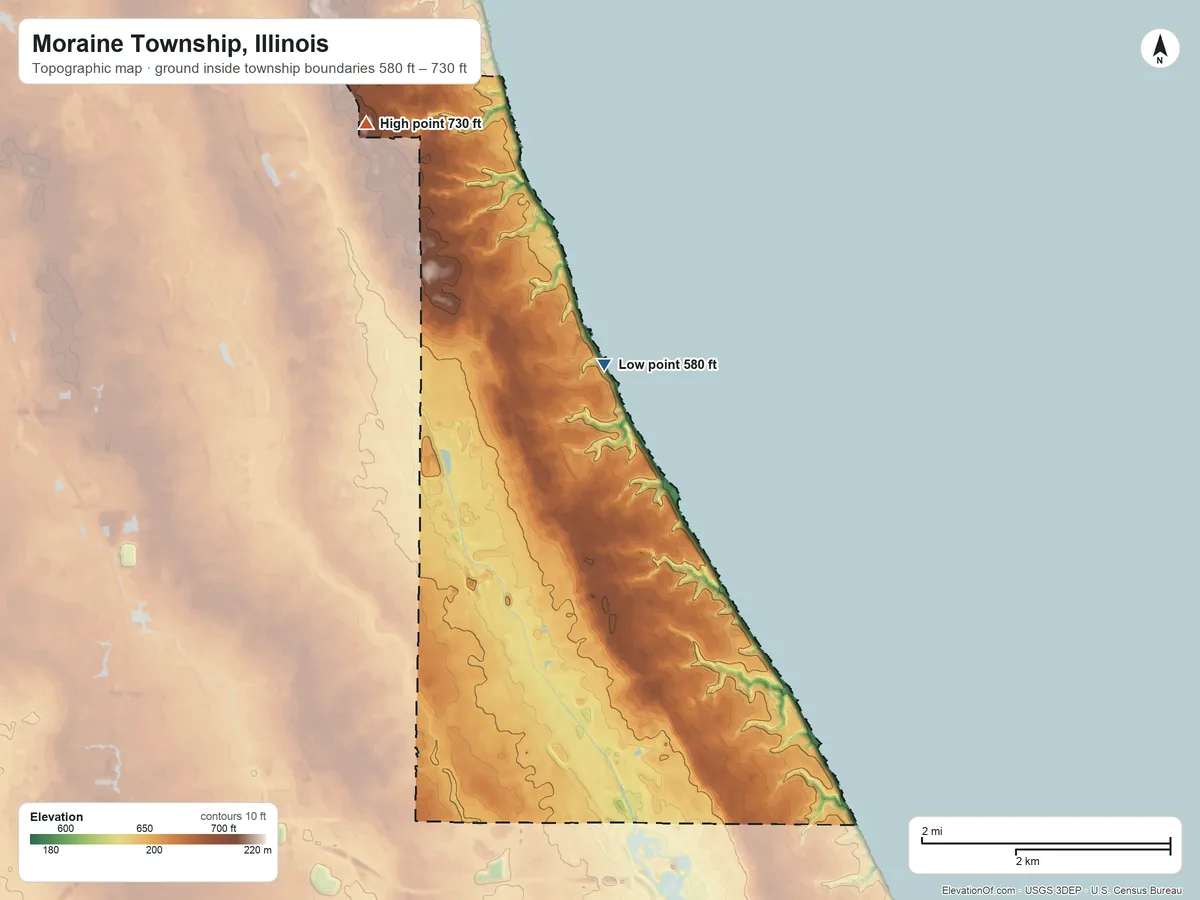 Topographic elevation map of Moraine Township, Illinois, shaded from 580 ft on the north side to 730 ft on the northwest side