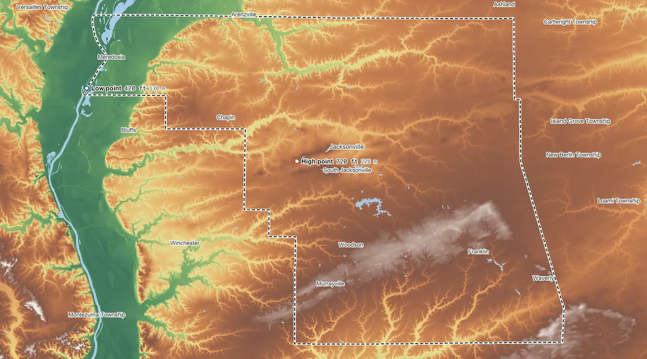 Topographic elevation map of Morgan County, Illinois, shaded from 420 ft on the west side to 720 ft on The Mound