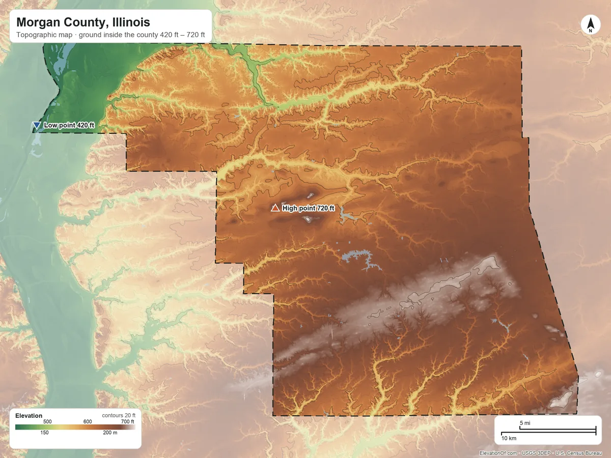 Topographic elevation map of Morgan County, Illinois, shaded from 420 ft on the west side to 720 ft on The Mound