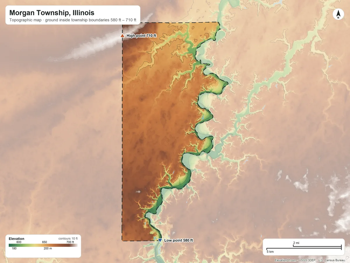 Topographic elevation map of Morgan Township, Illinois, shaded from 580 ft on the south side to 710 ft on the northwest side