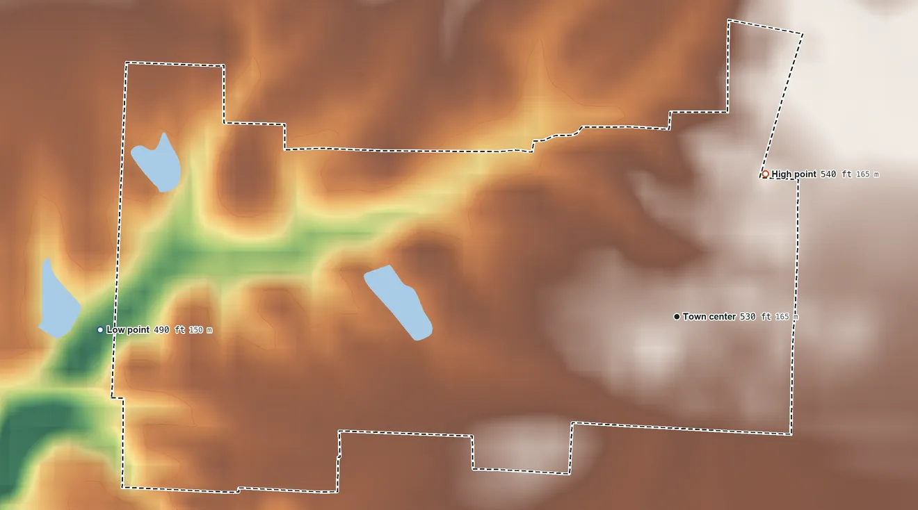 Topographic elevation map of Moro, Illinois, shaded from 490 ft on the west side to 540 ft on the northeast side