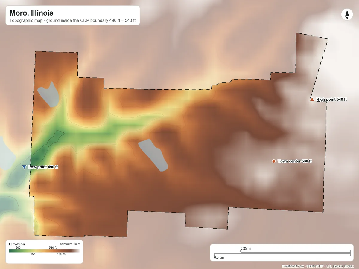 Topographic elevation map of Moro, Illinois, shaded from 490 ft on the west side to 540 ft on the northeast side