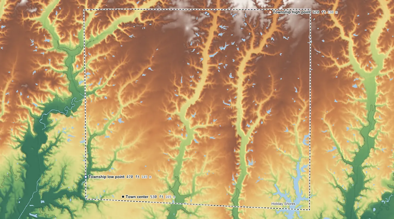 Topographic elevation map of Moro Township, Illinois, shaded from 470 ft on the northwest side to 620 ft on the northeast side