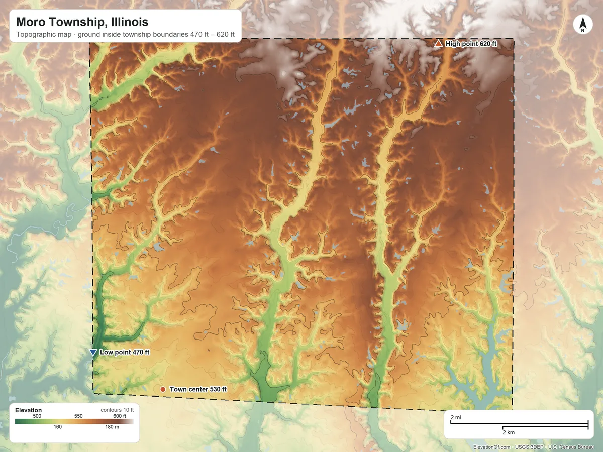 Topographic elevation map of Moro Township, Illinois, shaded from 470 ft on the northwest side to 620 ft on the northeast side
