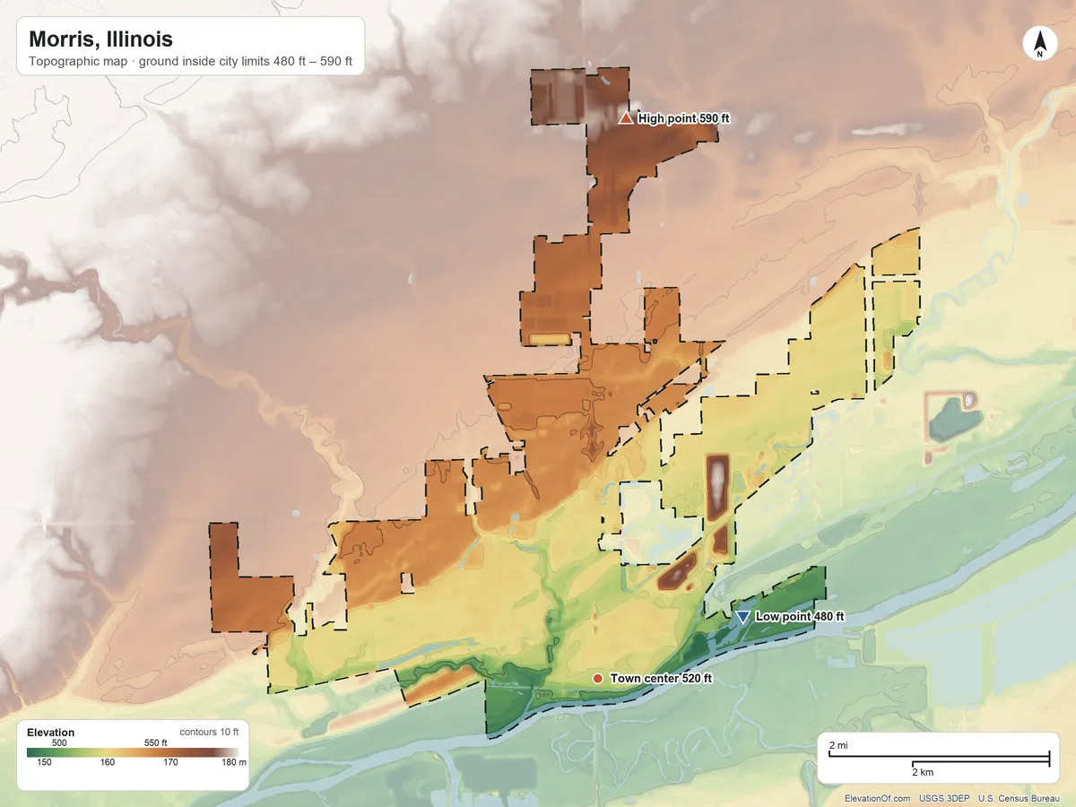 Topographic elevation map of Morris, Illinois, shaded from 480 ft on the northeast side to 590 ft on the north side