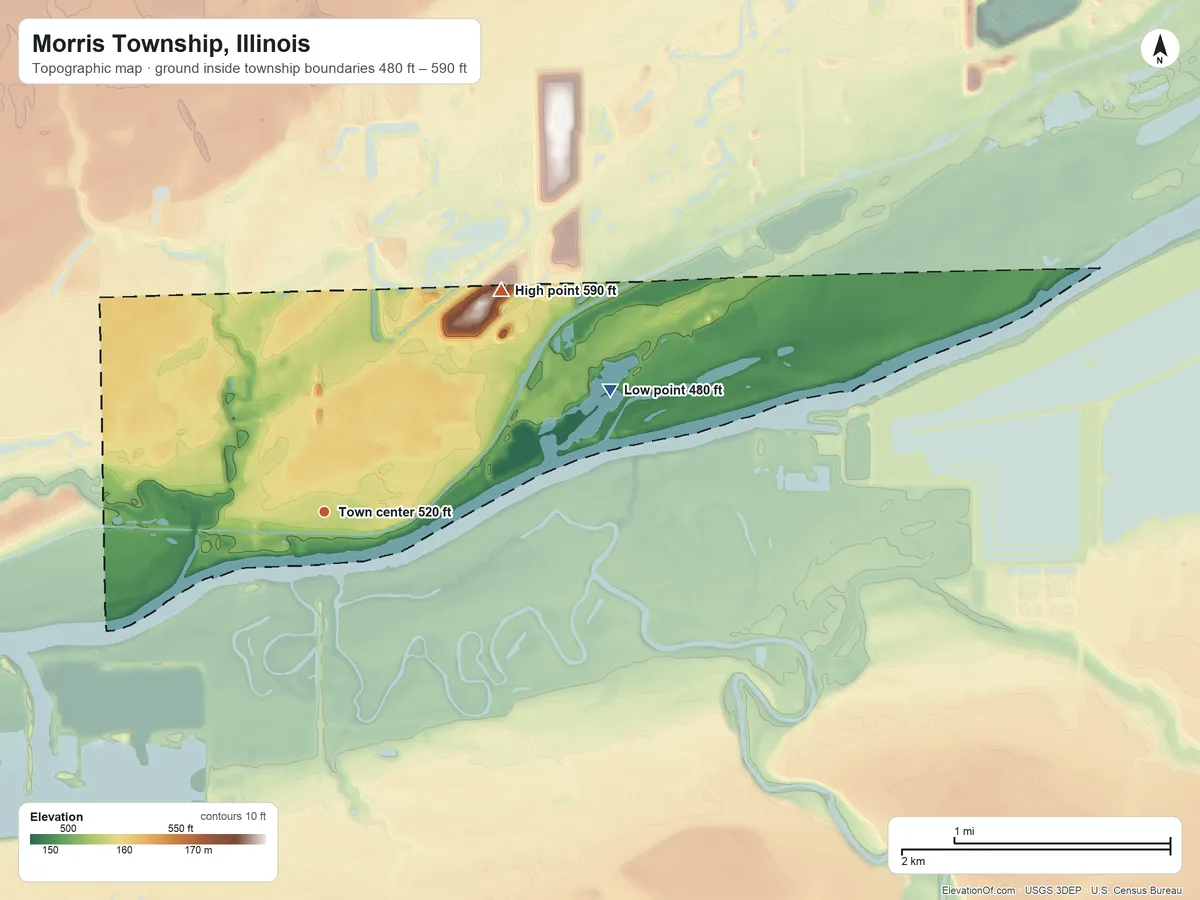 Topographic elevation map of Morris Township, Illinois, shaded from 480 ft on the northeast side to 590 ft on the northeast side