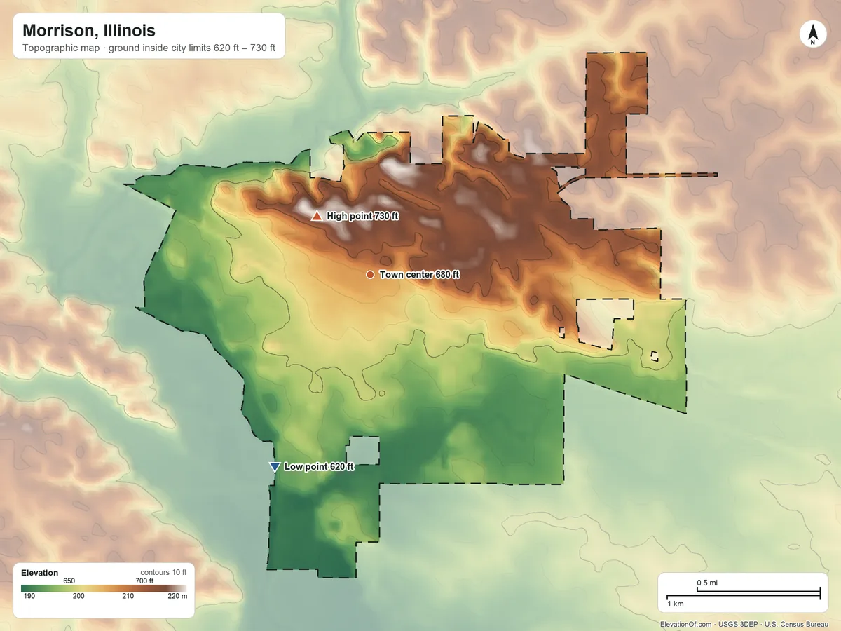 Topographic elevation map of Morrison, Illinois, shaded from 620 ft on the southwest side to 730 ft near the middle