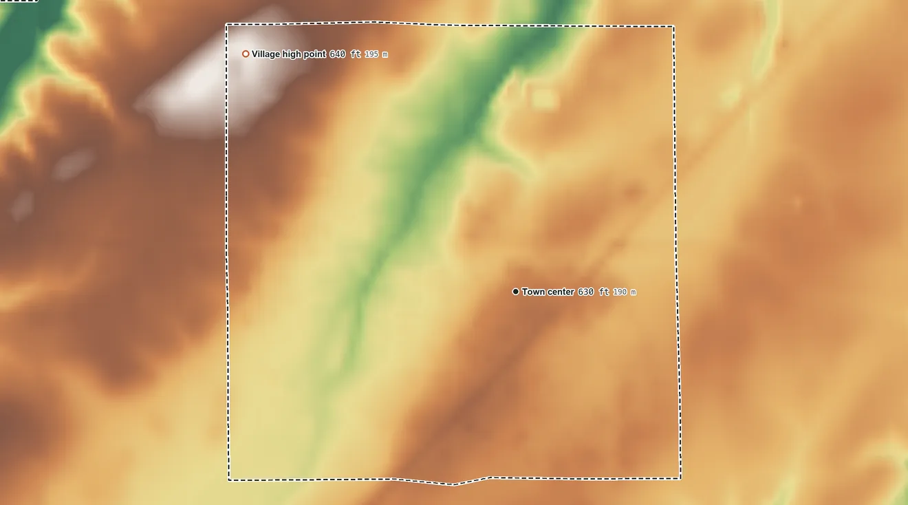 Topographic elevation map of Morrisonville, Illinois, shaded from 610 ft on the northwest side to 640 ft on the northwest side
