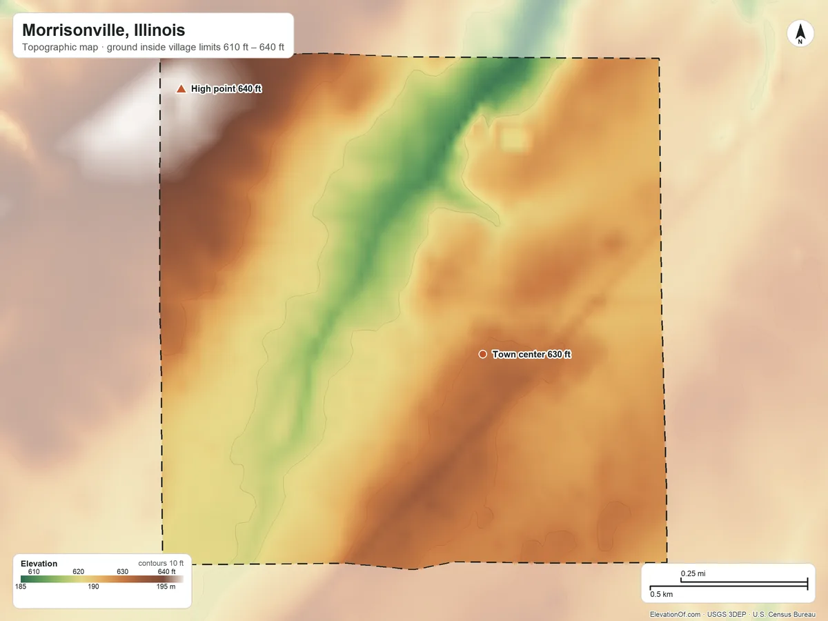Topographic elevation map of Morrisonville, Illinois, shaded from 610 ft on the northwest side to 640 ft on the northwest side