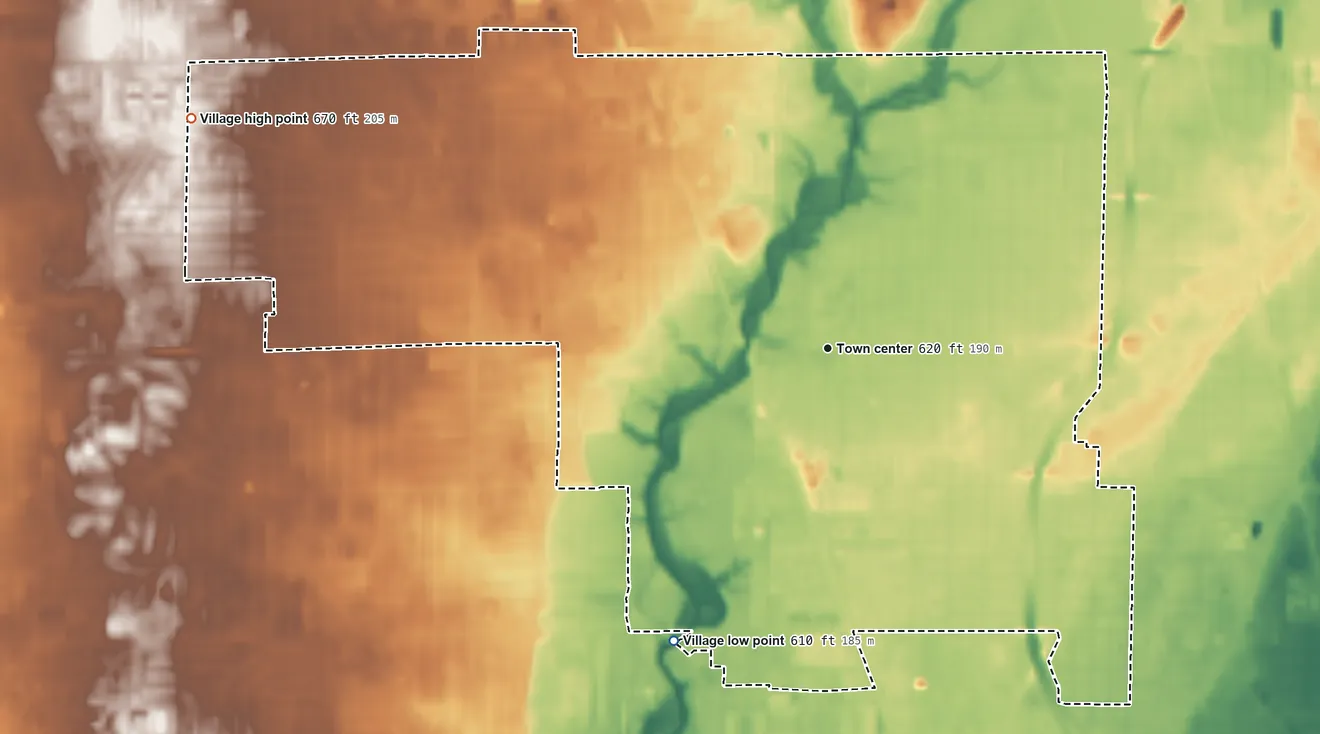 Topographic elevation map of Morton Grove, Illinois, shaded from 610 ft on the southwest side to 670 ft on the west side