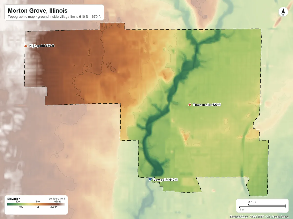 Topographic elevation map of Morton Grove, Illinois, shaded from 610 ft on the southwest side to 670 ft on the west side