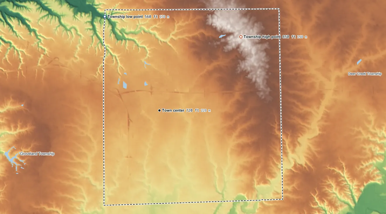Topographic elevation map of Morton Township, Illinois, shaded from 560 ft on the northwest side to 850 ft on the northeast side