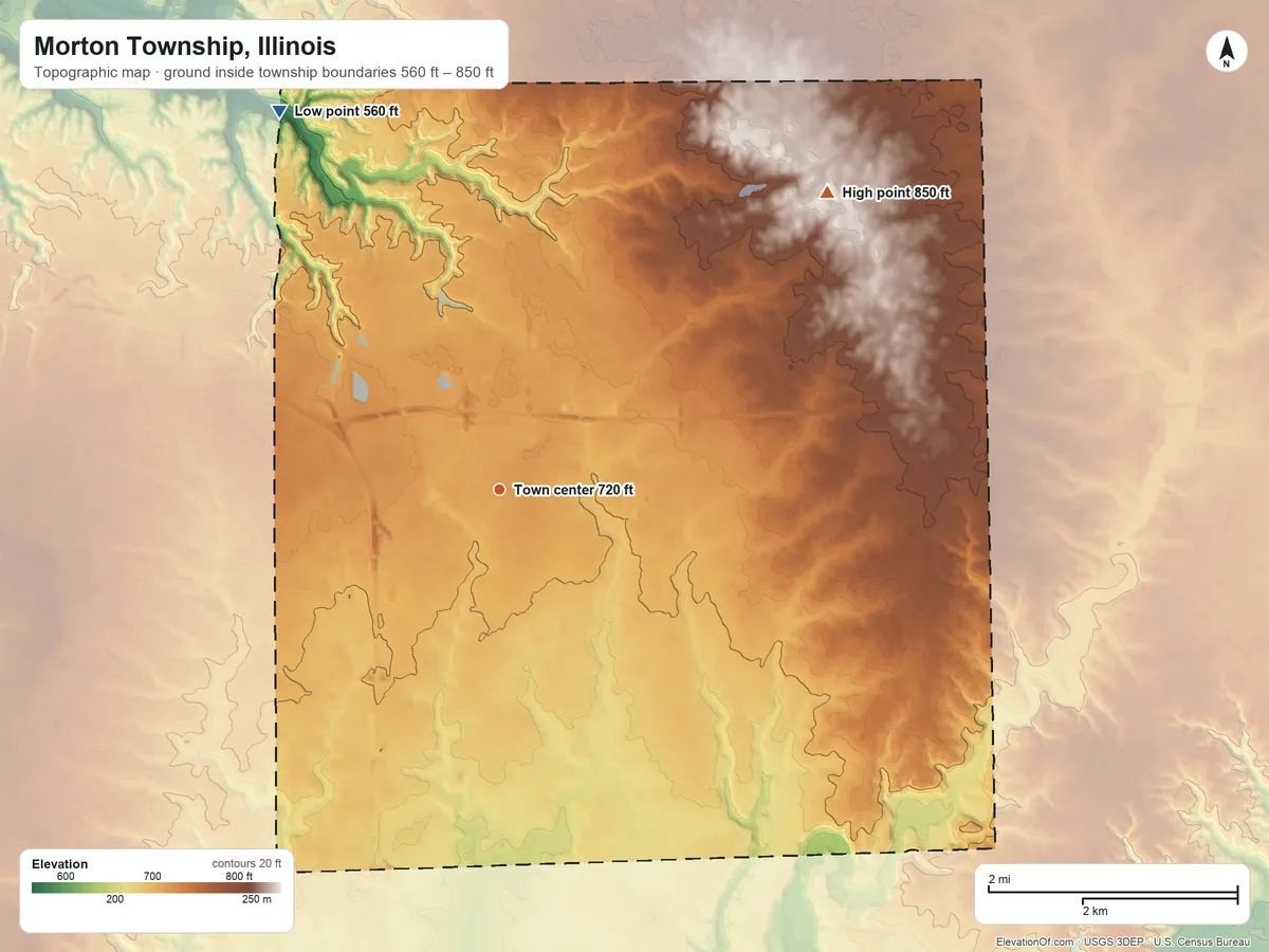 Topographic elevation map of Morton Township, Illinois, shaded from 560 ft on the northwest side to 850 ft on the northeast side