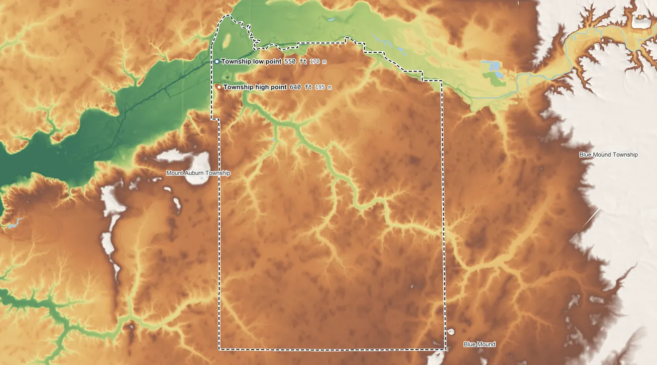 Topographic elevation map of Mosquito Township, Illinois, shaded from 550 ft on the northwest side to 640 ft on the northwest side